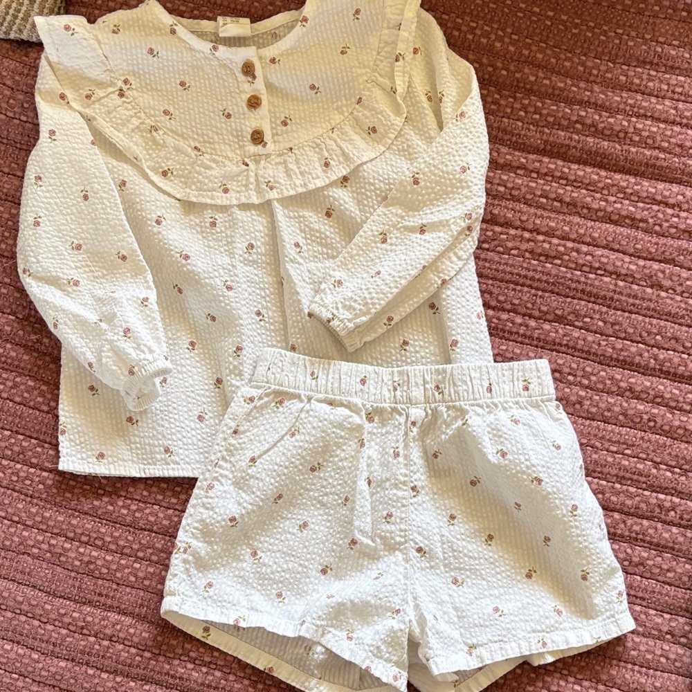 Girls Cream Floral Ruffle-Trim Set